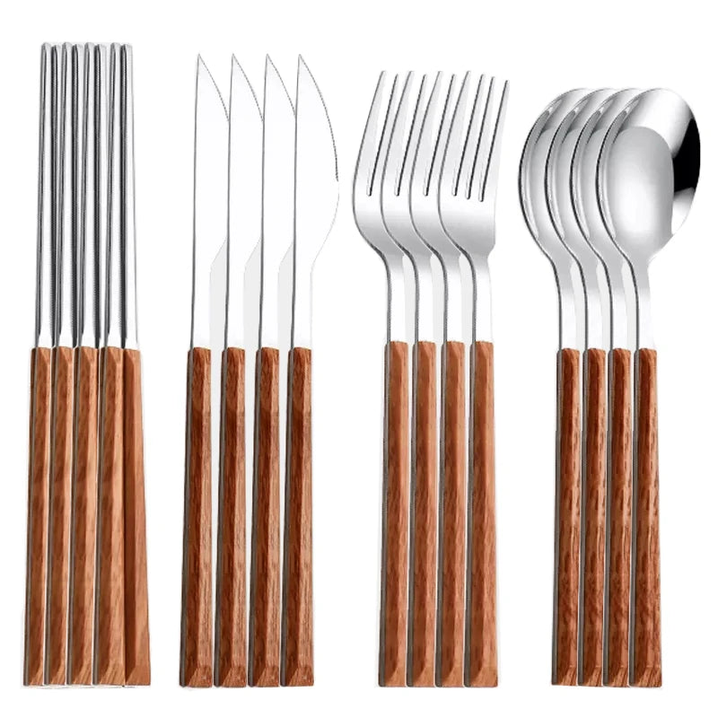 Wood Handle Cutlery Set Korean Stainless Steel Tableware Set Kitchen Knife Fork Spoon Chopsticks Dinnerware Set Tableware Set