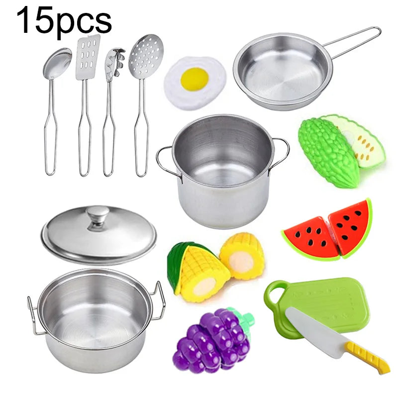 13/15/20PCS Kids Kitchen Toy DIY Pots and Pans Mini Stainless Steel Cookware Pretend Cooking Utensils Toy Set