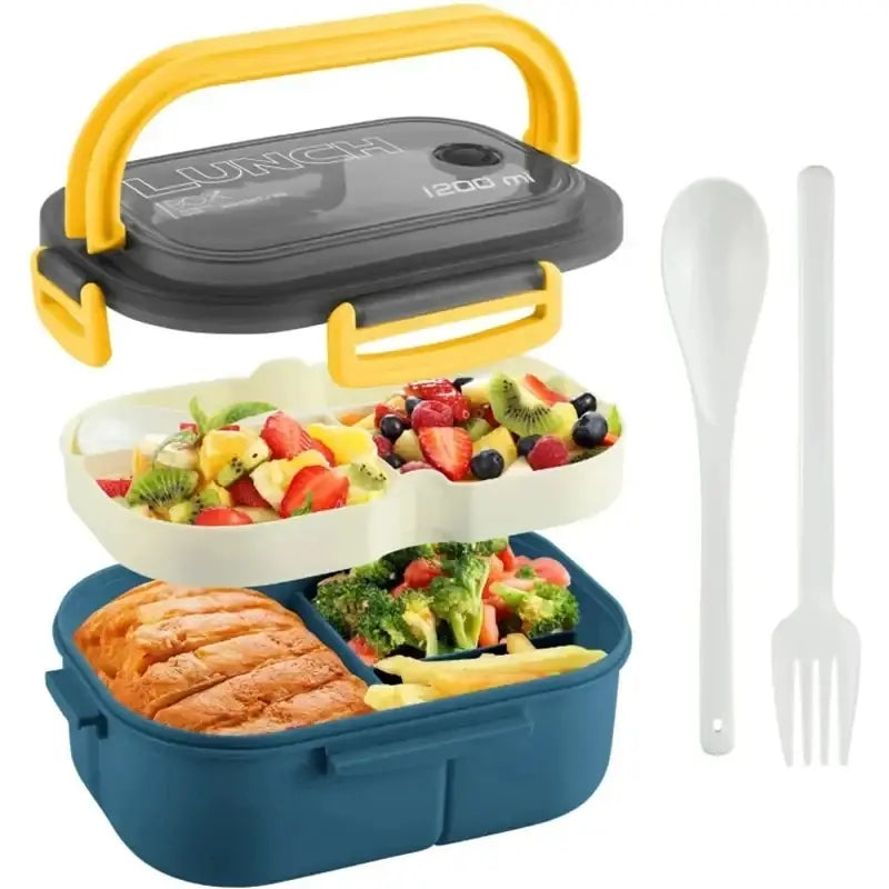 1PC Portable Sealed Lunch Box 2 Layer Mesh Kids Leak Proof Bento Snack Box with Cutlery Microwave Safe Food Storage Container