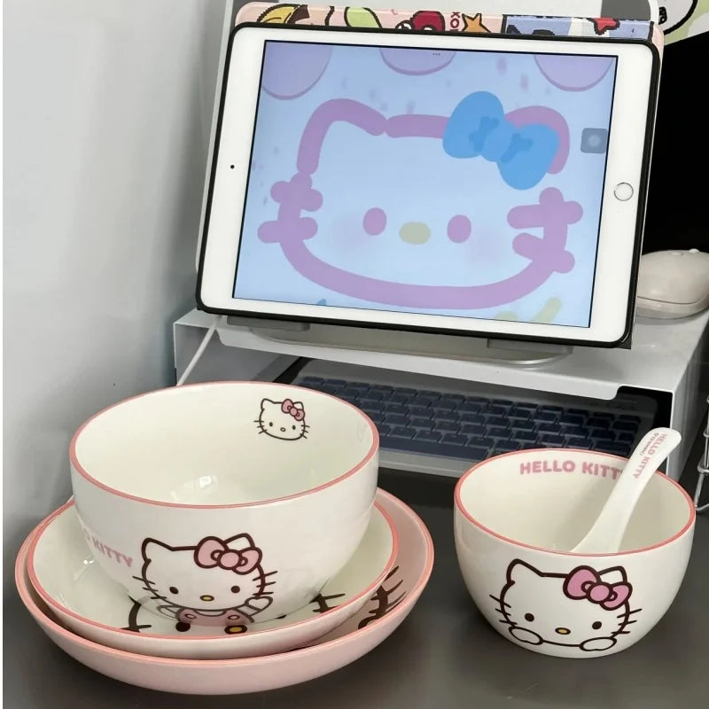 Hot Sale Sanrio Tableware Hello Kitty Bowl Spoon Plate Cartoon Kawaii Ceramic Tableware Kitchen Set Food Storage Household Gifts