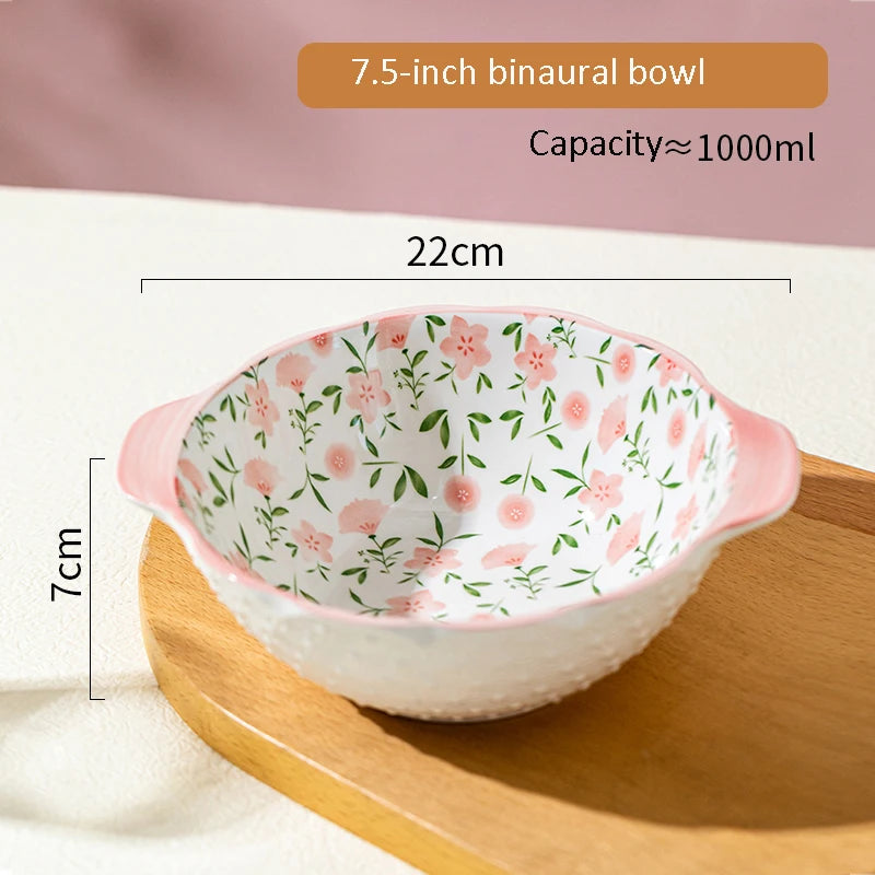 Korean Ceramic Tableware Set Rice Bowl Multi Home Kitchen Exquisite Peach With Lid Binaural Soup Bowl Pink Plate Handle Bowl