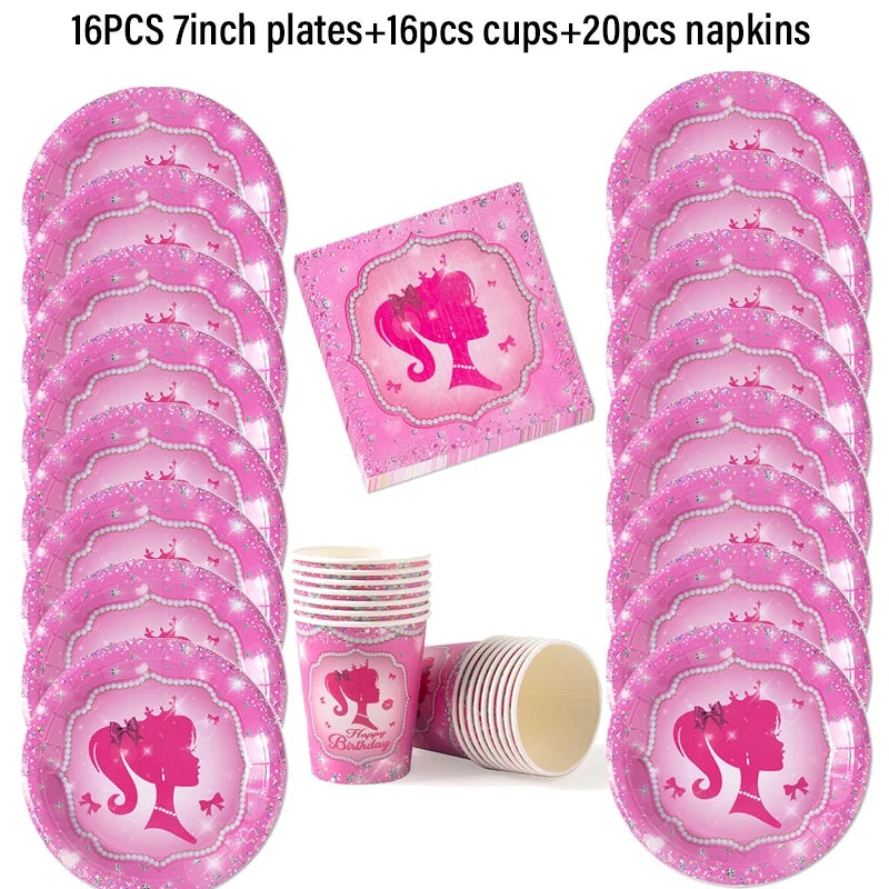 Happy Birthday Party Pink Theme Disposable Tableware Set Paper Plate Cup Napkin Kids Girl Birthday Party Baby Shower Supplies