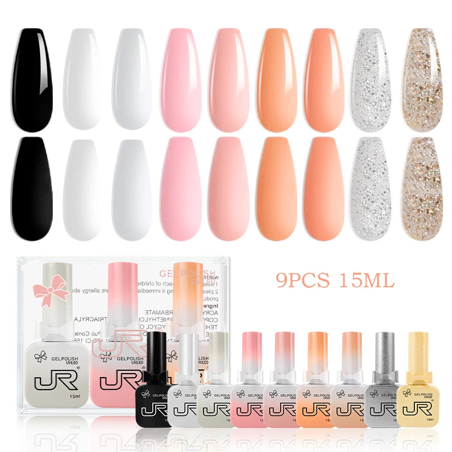 JR 9pcs 15ml gel nail polish set Including Red Pink Nude Gel Polish Kit UV LED Soak Off Polish Home DIY top coat base coat gifts