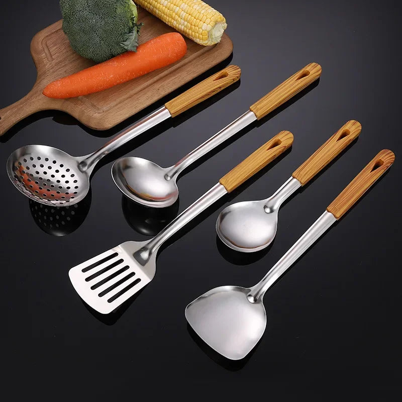 Stainless Steel Cookware Non-stick Pastry Spatula Wooden Handle Soup Ladle Rice Spoon Hot Pot Colander Kitchen Cooking Utensils