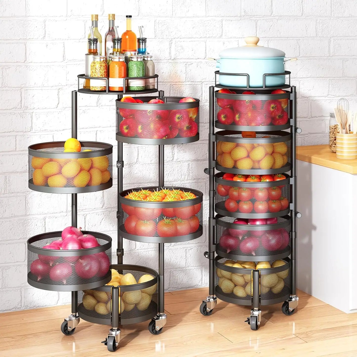 Fruit and Vegetable Basket Bowls for Kitchen with Metal Top Lid, SNTD 5 Tier Rotating Storage Rack Cart for Potato Onion Bread