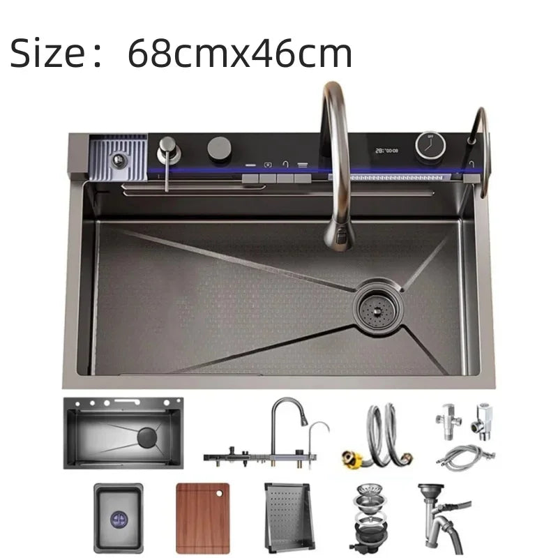 304 Stainless Steel Waterfall Kitchen Sink Large Single Slot Integrated Digital Display Faucet Set Soap Dispenser Cup Washer