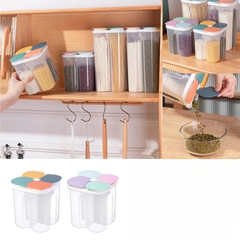 Multifunctional 4 Grid Food Storage Container Airtight Cereal Dispenser Snack Storage Box for Dry Food Kitchen Pantry Organizer