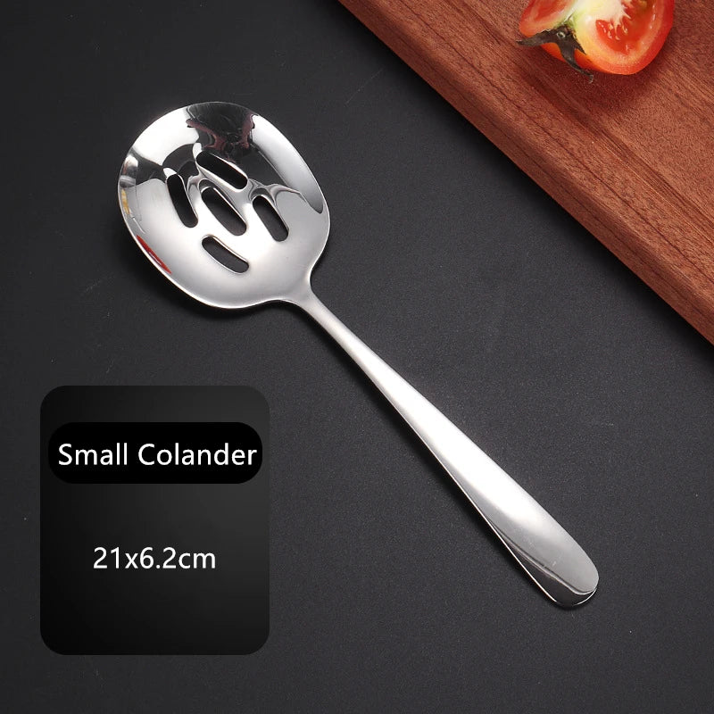 Silver Kitchen Stainless Steel Serving Spoon Long Handle Food Shovel Buffet Salad Colander Creative Hollow Home Tableware