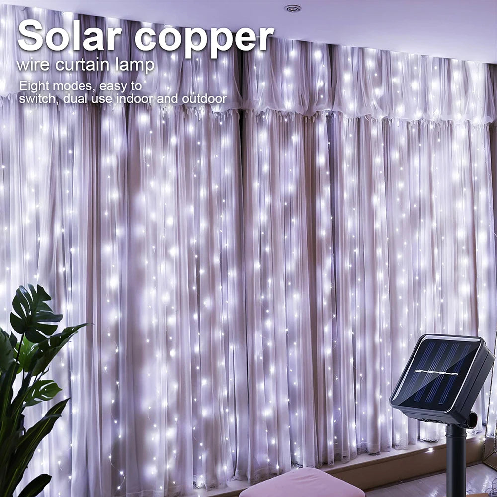 Outdoor Solar Curtain Light 300LED Waterproof String Lights Garden Yard Pavilion Fairy Garland String Lights Holiday Decor Light