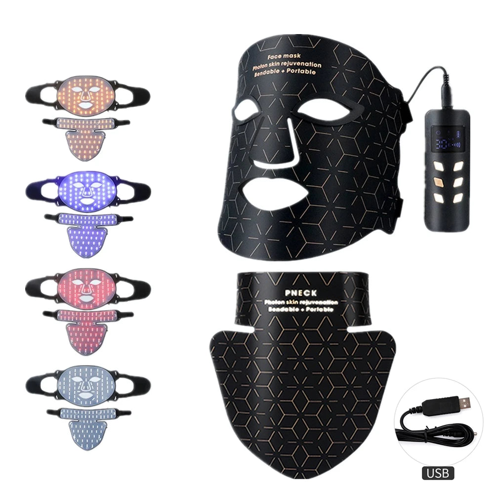 Silicone LED Mask Face With Neck 4 Colors LED Light Photon Infrared Therapy Flexible Facial Mask Repair Skin Brighten Skin Tone