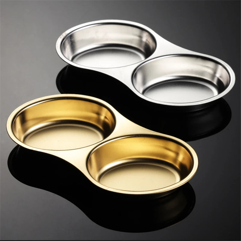 2 Grid Stainless Steel Sauce Dish Divided Seasoning Plate Hot Pot Dipping Bowl Vinegar Soy Spice Condiment Trays for Kitchen