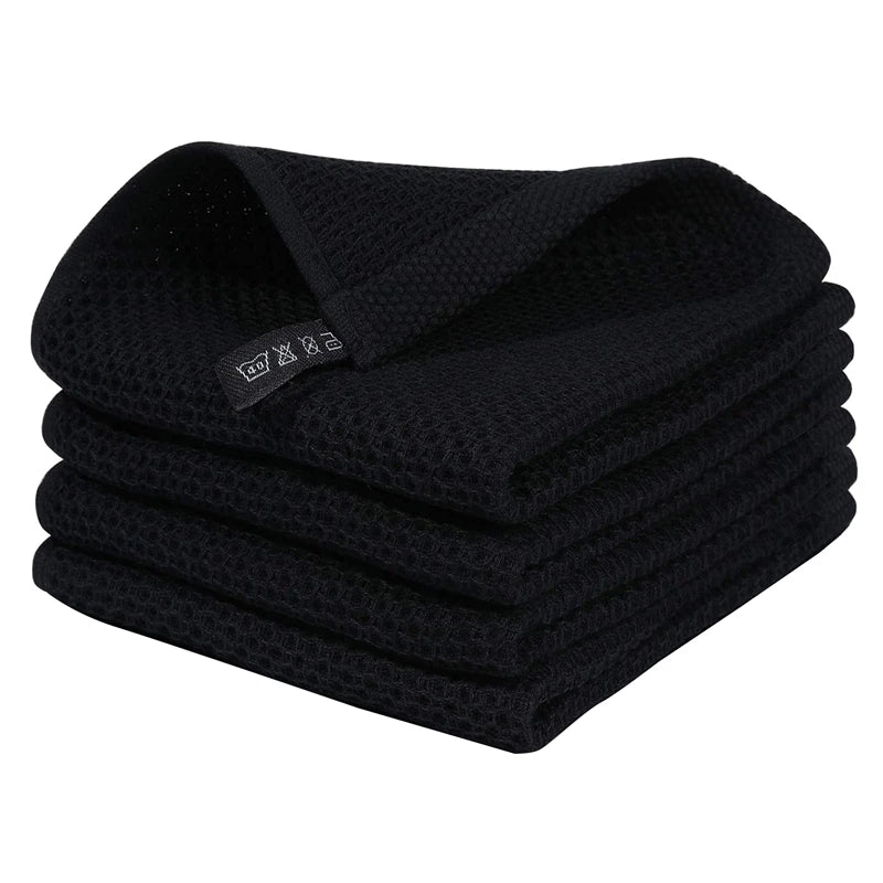 100% Cotton Waffle-Weave Kitchen Dish Cloths, Ultra Soft Absorbent Quick Drying Dish Towels Black Easy To Use 34X34cm