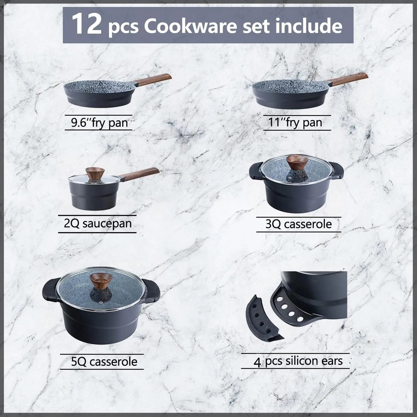 Cast Aluminum Pots and Pans Set Non Stick - 12Pcs Induction Kitchen Cookware Set, Granite Coating Cooking Pans Set