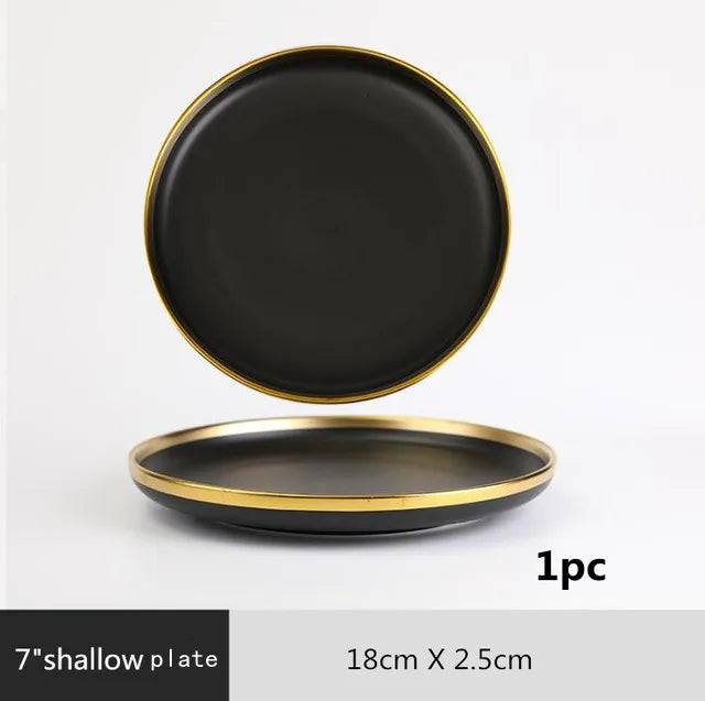 Gilt Rim Black Porcelain Dinner Plates Kitchen Dishes Ceramics Tableware Food Tray Rice Salad Noodles Bowl Cutlery Set