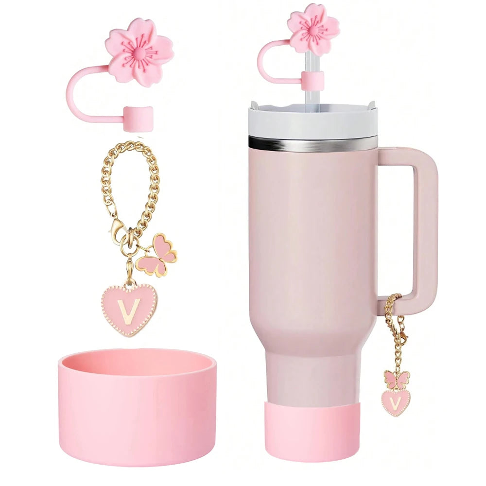 3pcs Accessories Set for Stanley Cup 30oz 40oz Tumbler, Initial Heart Charm,10mm Flower Cap Topper Cover Silicone Boot for Gift