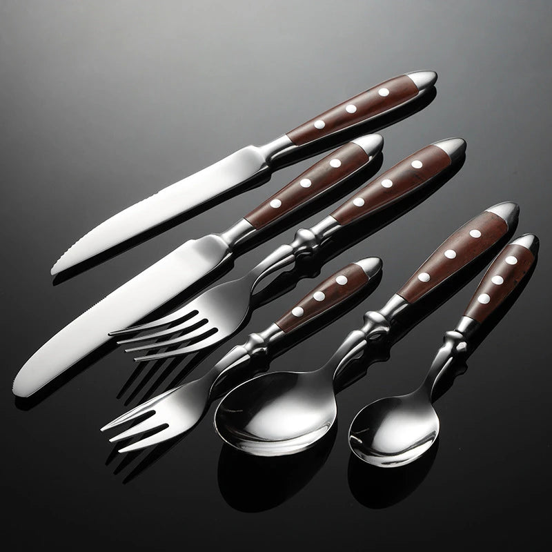 430 Stainless Steel Western Brown Cutlery Set Point Rivets Wooden Handle Dinnerware Knife Fork Spoon Teaspoon for Kitchen