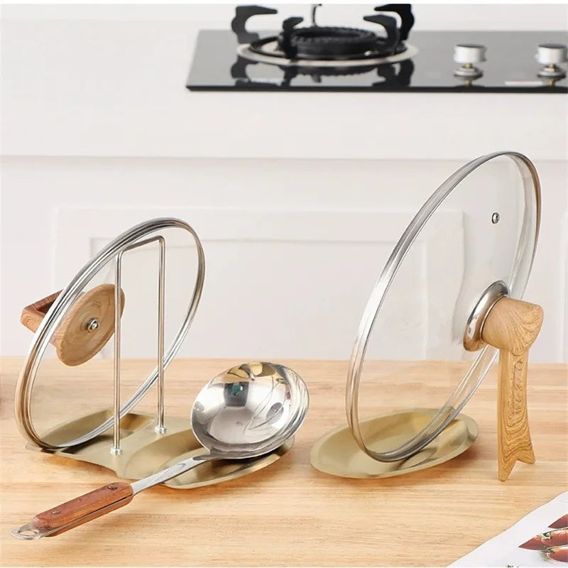 Stainless Steel Pan Pot Cover Stand Silver Color Soup Spoon Holder Drain Rack Stove Organizer Storage Kitchen Accessories